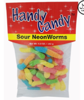 HANDY CANDY PEG BAG GUMMI SOUR NEON WORMS 4OZ